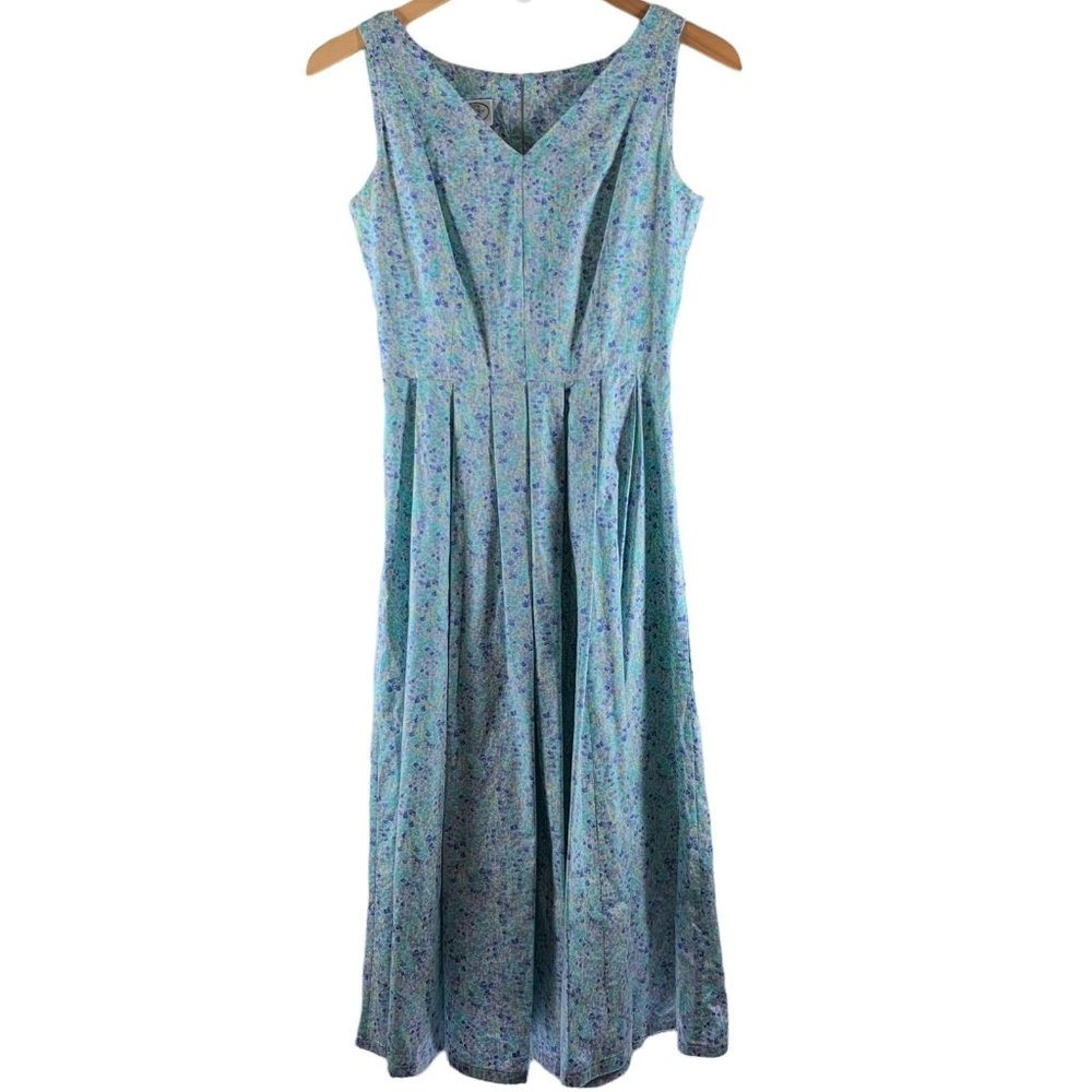 Vintage LAURA ASHLEY Blue Floral Cotton Midi Dress Size 4